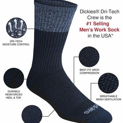 Dickies Men's Dri-Tech Essential Moisture Control Crew Socks, Available in M-XXL (6, 12 Pairs), Blue Marl (6 Pairs), Large