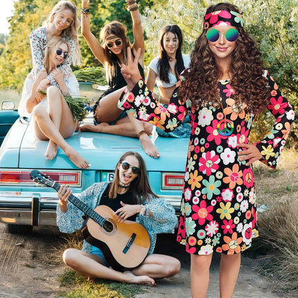 MRYUWB 70s Hippie Dress Costumes Necklace Earrings Sunglass Women Disco Outfit, 60s Party Costume, Halloween Retro Dresses (Flower Power Black, Medium)