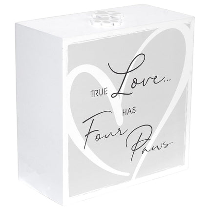 Malden International Designs 3.5x5 Forever In Our Hearts Memorial Pet Urn Four sided Screenprinted White Wood Urn Paw Print Attachment Removable Bottom Panel