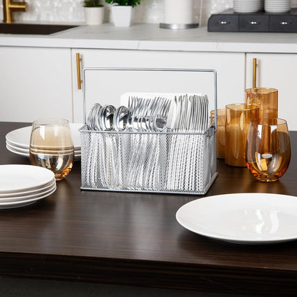 Mind Reader Network Collection, 4-Compartment Utensil or Supply Caddy with Handle, Countertop or Desktop Organizer, Metal Mesh, 10" L x 7" W x 4.75" H, Silver