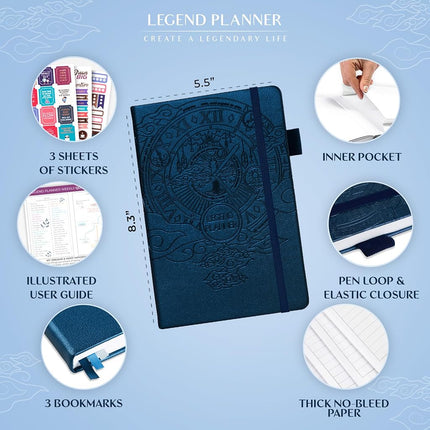 Legend Planner - Undated Weekly & Monthly Life Planner to Hit Your Goals & Live Happier. Organizer Notebook, Productivity Journal for Women & Men. A5 Hardcover, Lasts 1 Year, Stickers A5 (5.8'' x 8.3'') Mystic Blue (Undated)