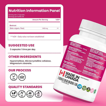 Nutrawave Organic Beetroot Capsules 1400mg – High Potency Beet Root Powder | Vegan, Non-GMO, Gluten-Free | 120 Capsules