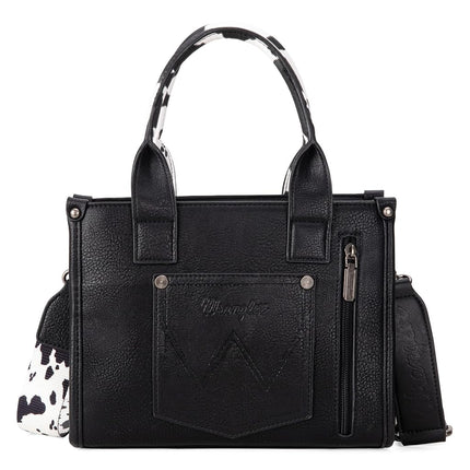 Wrangler Cow Print Tote Bag for Women Western Purse Boho Top Handle Satchel Handbag with Signature Strap, Allover Cow Print Black, One Size WG133-8120BK