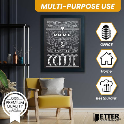 Magnetic Wall Chalkboard, Large Size 18" x 24", Rustic Wood Frame, Chalkboard Sign, Vertical or Horizontal Wall Mount, Includes Chalk and Eraser, by Better Office Products (Solid Black)