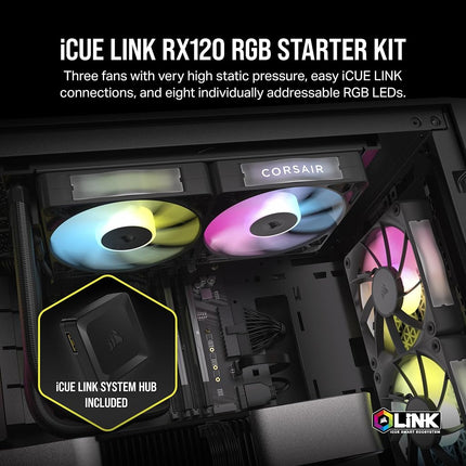 Corsair iCUE LINK RX120 RGB 120mm PWM Fans with iCUE LINK System Hub - Magnetic Dome Bearing - Triple Pack - Black