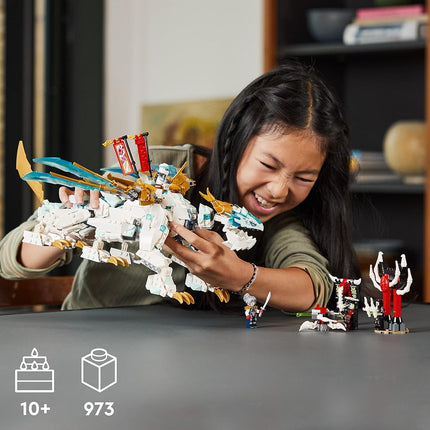 LEGO NINJAGO Zane’s Ice Dragon Creature 71786, 2in1 Dragon Toy to Action Figure Warrior, Model Building Kit, Construction Set for Kids with 5 Minifigures, Golden,green