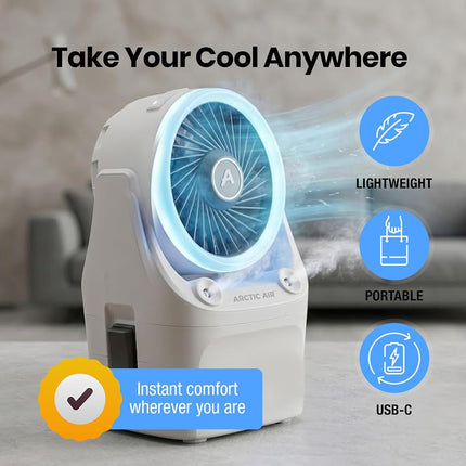 Arctic Air Ice Jet X3 Portable Air Cooler,Dual Mist Modes, Up to 8-Hour Cooling Time, 3-Speed Portable Cooler with Adjustable Airflow, USB C, LED Mood Light, Lightweight, Great for Home & Travel
