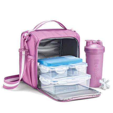 Fit & Fresh BREE Meal Prep Lunch Box With Containers, Ice Pack, and Shaker Bottle For Men and Women, 6pc. Meal Prep Kit Lunch Bag With Containers Included, Mauve