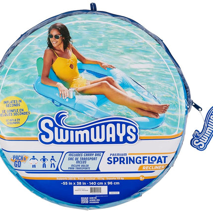 SwimWays Spring Float Premium Recliner Pool Lounger, Inflatable Pool Floats Adult with Fast Inflation for Ages 15 & Up, Sky Blue