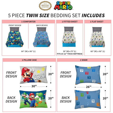 Franco Kids Bedding Super Soft Comforter and Sheet Set with Sham, 5 Piece Twin Size, Mario