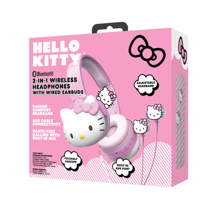 Auriculares Bluetooth inalámbricos 2 en 1 de Hello Kitty con auriculares con cable - Plegables, diadema ajustable y acolchada, controles integrados, auriculares blandos, conectividad de cable auxiliar, llamadas manos libres
