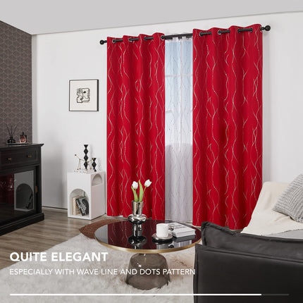 Deconovo Blackout Curtains - Silver Wave Dots Print, Thermal Insulated, Noise Reducing, Privacy Drapes for Bedroom & Living Room (52W x 84L Inch, Red/Silver, 2 Panels)