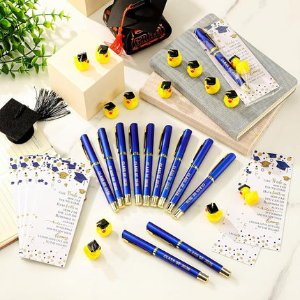 Sayglossy 30 Sets Graduation Gifts Bulk Class of 2025 Gel Ink Pen Mini Card Cap Yellow Resin Duck Graduation Party Decorations Favors for Student(Bule)