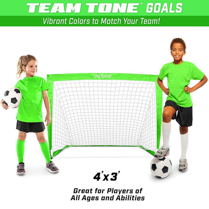 GoSports Team Tone 4 ft x 3 ft Portable Soccer Goals for Kids - Set of 2 Pop Up Nets for Backyard - Bright Green
