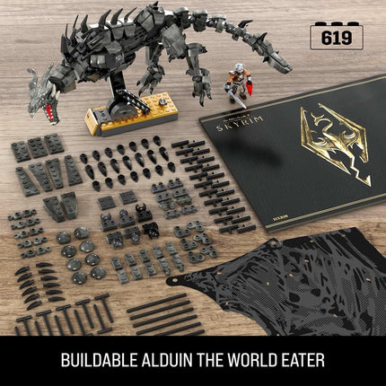MEGA Skyrim Action Figures Building Toys, Alduin the World Eater with 619 Pieces, with 1 Dragonborn Figure, for Collectors, HXR98