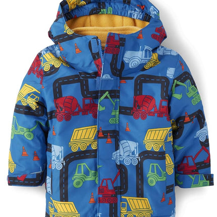 The Children's Place Baby Boys' and Toddler Heavy 3 in 1 Winter Jacket, Wind Water-Resistant Shell, Fleece Inner, Blue Construction Trucks, 6-9 Months