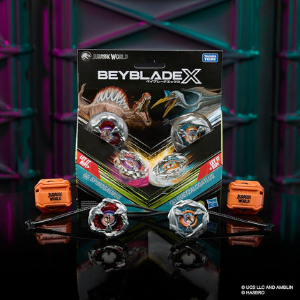 Beyblade X Jurassic World x Beyblade Collab Spinosaurus vs. Quetzalcoatlus Set, 2 Takara Tomy Tops, 2 Launchers, Battling Tops Game, Ages 8+