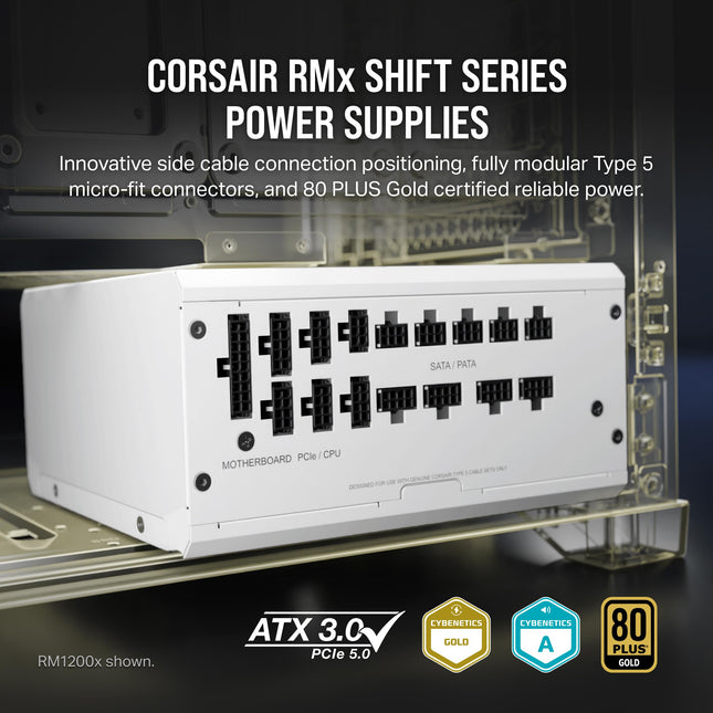 Fuente de alimentación ATX Corsair RM850x Shift, modular completa con interfaz lateral compatible con ATX 3.0 y PCIe 5.0, modo de ventilador RPM, eficiencia 80 Plus Gold, blanco