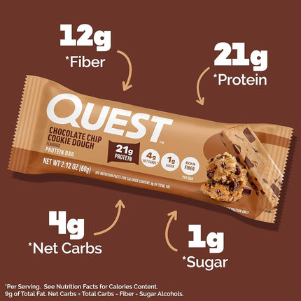 Quest Nutrition 60g Chocolate Chip Cookie Dough Protein Bar - Pack of 12