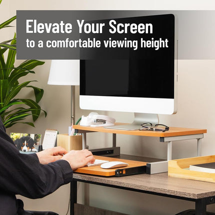 Mind Reader Monitor Stand, Sliding Keyboard Drawer, Laptop, Riser, Office, Wood/Metal, 20" L x 14.75" W x 5.9" H, Brown, Silver