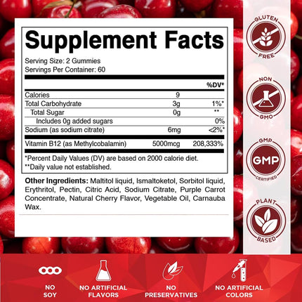Vitamatic Extra Strength Vitamin B12 5000 mcg (Methyl B12) Gummies - 120 Count - Natural Cherry Flavored