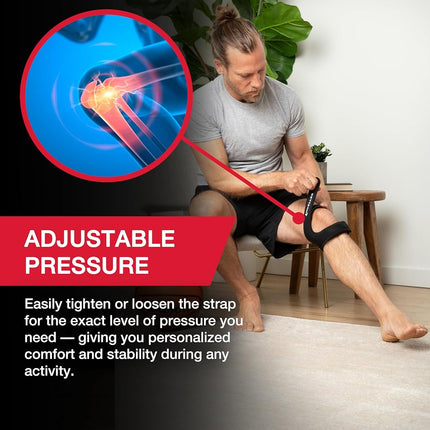 MUELLER Sports Medicine Adjustable Max Knee Single Strap, Knee Pain Relief Support for Men and Women, Ideal for Osgood-Schlatter's, Runner's Knee, Patellar Tendinitis, Black, Small/Medium
