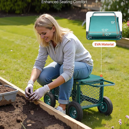 VEVOR Rolling Garden Cart with Seat, Metal Rolling Garden Work Seat with Wheels, Supports up to 181 kg, Heavy Duty Gardening Cart Scooter, Outdoor Wagon & Stool on Wheels for Lawn, Patio, Backyard