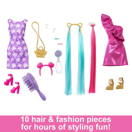 Barbie Fun & Fancy Set, Fashion Doll with Extra-Long Color-Streaked Blonde Hair, Clothes & Styling Accessories, JDC85
