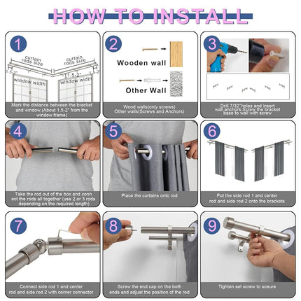 Tringle à rideaux double Mayrhyme en nickel brossé pour baie vitrée d'angle, avec embouts et supports en aluminium, tringles à rideaux doubles pour baie vitrée de 2,5 cm de diamètre, tringle à rideaux double réglable sur 2 côtés de 81 à 218 cm