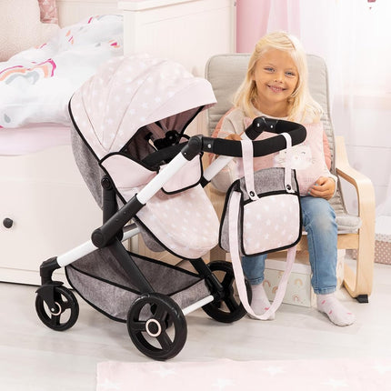 Bayer Baby Dolls Pram XEO - Convertible Doll Pushchair, Carrycot & Changing Bag - Foldable Stroller with Adjustable Handle Height for Girls, Tall Dolls Pram for 6 Years Plus, 3-5 Year Olds