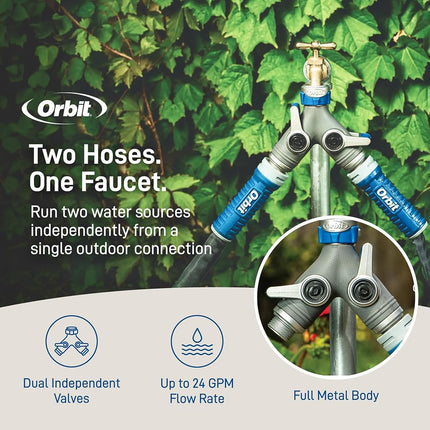 Orbit XL 2-Way Garden Hose Splitter – Dual Valves, Heavy-Duty Zinc Y Connector, Easy-Grip Lever Shut-Off 28294