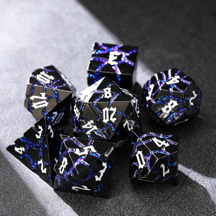 Metal Dice for DND - Ancient Cracked - Black Blue Glitter Cracks