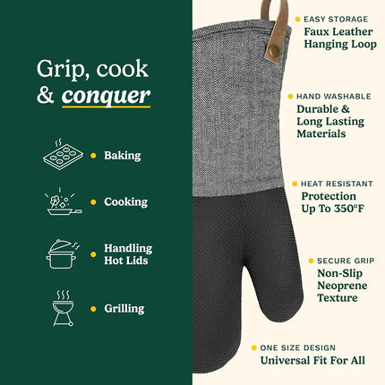 Manoplas de horno de cocina Cuisinart – Manoplas de cocina resistentes al calor para horno con palma de neopreno antideslizante, puño largo y relleno de algodón – Guantes de horno duraderos para cocinar, hornear y asar a la parrilla