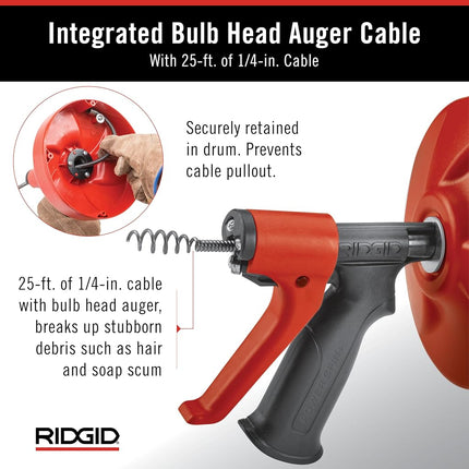 RIDGID 57043 Power Spin avec AUTOFEED, câble de nettoyage de drains Maxcore et tarière de drainage à bulbe pour enlever les bouchons