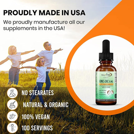 Organic Zinc Sulfate Liquid Supplement in MCT Coconut Oil - NO Preservatives – Pure Ionic Concentrated Mineral Drops - Immune Support Boost for Adults, Teens, Kids - Great Taste -100 Vegan Servings