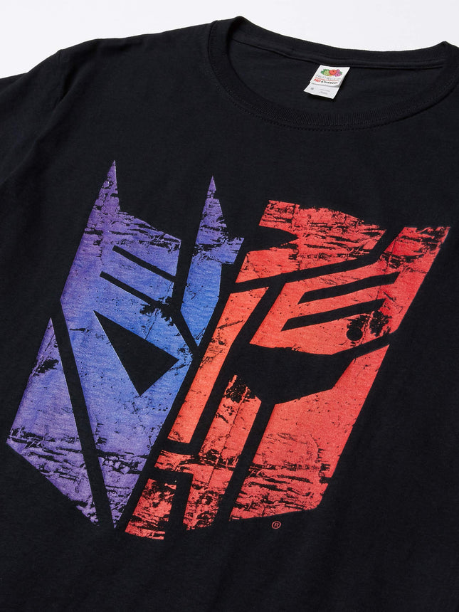 Transformers Camiseta Básica Lisa con Logo Dividido para Hombre, Negro, Mediana