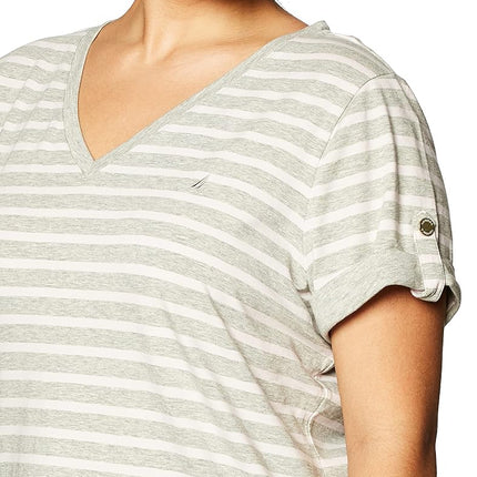 Camiseta de Algodón Elástico Supersuave con Rayas, Cuello en V y de Fácil Comodidad para Mujer Nautica, Gris Jaspeado, L
