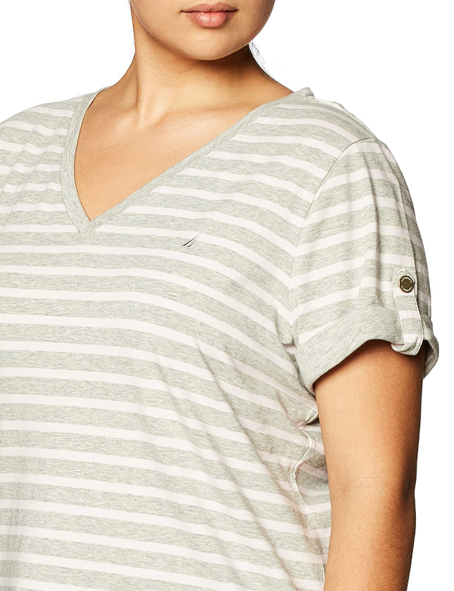 Nautica Women's Easy Comfort V-Neck Striped Supersoft Stretch Cotton T-Shirt, Grey Heather, L