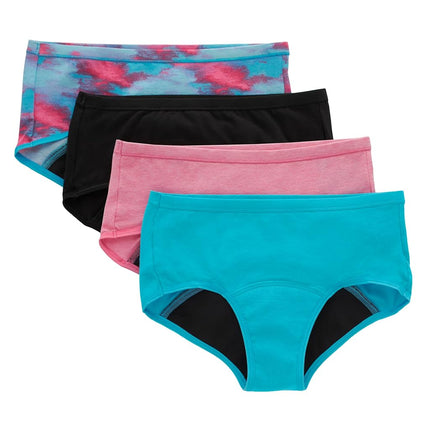 Hanes Girl's Comfort, Period. Ropa Interior Menstrual Estilo Boyshort y Hipster, Protección Moderada, Paquete Múltiple, Boyshort - Rosa/Azul/Negro - Paquete de 4, 8