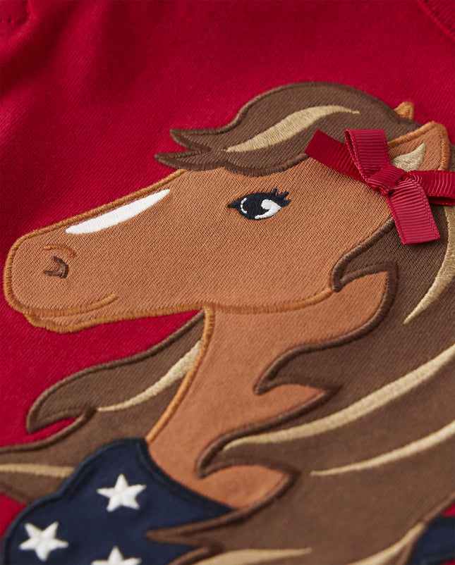 Gymboree Girls' and Toddler Spring and Summer Embroidered Graphic Short Sleeve T-Shirts, Red Horse, 12