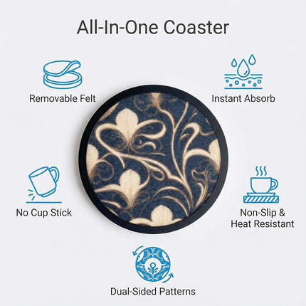 Absorbent Coasters for Drinks with Holder - 6packs, Silicone Coasters with Soft Felt Insert (4.3 inch Coasters with 4.5 inch Holder, Dual-Sided Flower -Themed Patterns)