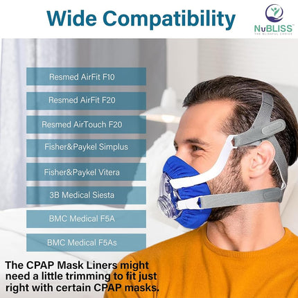 Nubliss CPAP Mask Liners - 4-Pack Soft Cushion Mask Cover Compatible with F20 Mask, F10 Mask, A Variety of Nasal Masks, Mouth Masks, & Most Full Face Masks - Washable, Reusable, Lightweight (Blue)