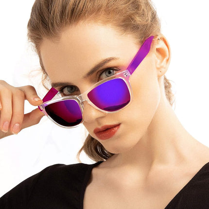 Gafas de sol COLOSSEIN para mujer, montura cuadrada clásica, lentes espejadas con protección UV400, ideales para la playa, vacaciones, conducir, A3 - Morado + Azul - Lentes Espejadas, 55