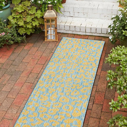 Unique Loom Outdoor Safari Collection Area Rug - Leopard (2' x 7' 10" Runner, Blue Yellow/Blue)