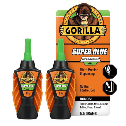 Gorilla Micro Precise Super Glue Gel, 5.5 Gram, Clear, (Pack of 2)