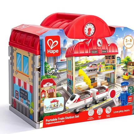 Hape Portable Train Station Set | Wooden Railway Toy with Figurines, Storage Box & Handle | Expandable, Imaginative Play & Travel-Friendly