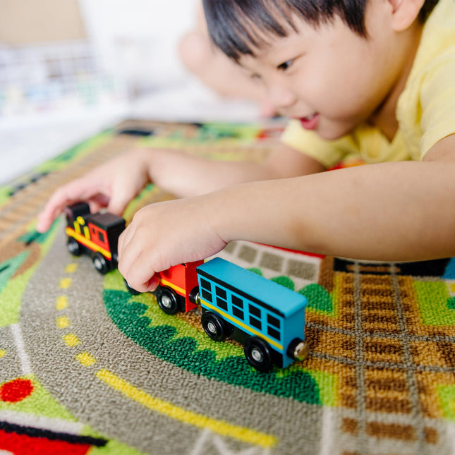 Melissa & Doug Round The Rails Train Rug with 3 Linking Wooden Train Cars (39 X 36, Frustration-Free Packaging)