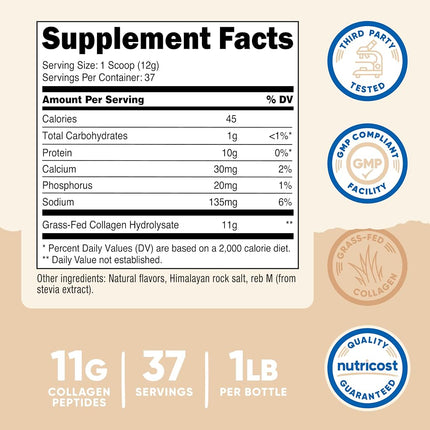 Nutricost Grass-Fed Collagen Powder Vanilla Flavored, 1 LB