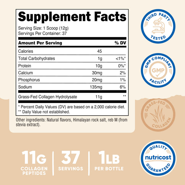 Nutricost Colágeno en Polvo de Ganado de Pastoreo Sabor Vainilla, 1 LB