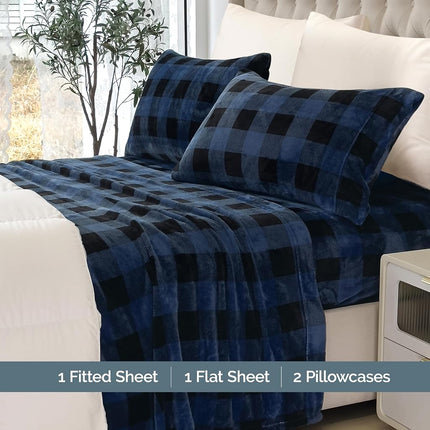 Elegant Comfort Luxuriously Soft 4-Piece Velvet Plush Flannel Sheet Set - Premium Quality - Cozy Warm, Anti-Static, Non Pilling Fuzzy Velvet Flannel Fleece Deep Pocket Sheet Set -Twin XL, Buffalo Blue